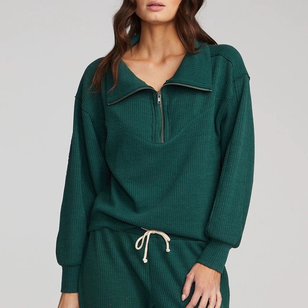 Saltwater Luxe 1/2-Zip Half zip Pullover Juniper green raw edge The Ribbed cozy - Picture 3 of 16